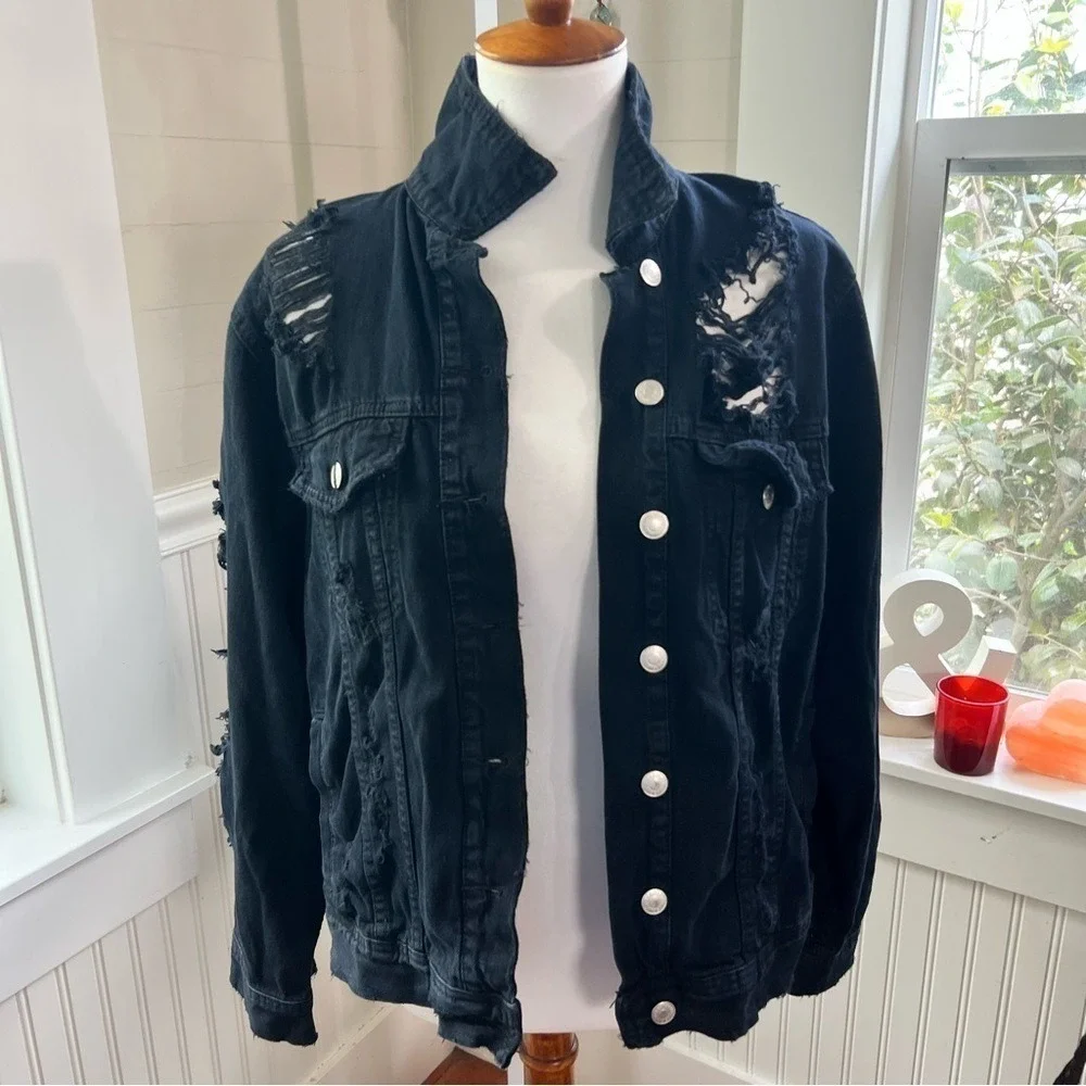 ASOS Thrashed Black Denim Trucker Jacket Destroyed Distressed Size Medium - Picture 9 of 14